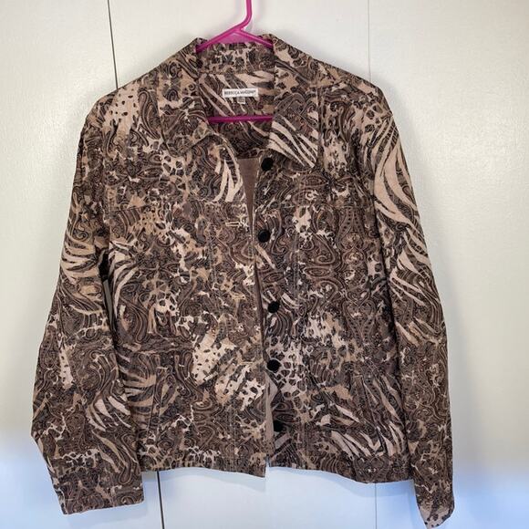 Rebecca Malone Jacket Size XL Tan Multicolor Button Front Cotton/Poly/Spandex - Picture 1 of 9